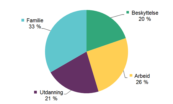 Figuren er et paidiagram og viser innvilgede tillatelser fordelt på søknadstype. Tallene er fra 2014.  Familieinnvandring var den største gruppen og utgjør 33% av diagrammet.  Arbeid var den nest største gruppen og utgjør 26 % av diagrammet.  Utdanning utgjør 21 % av diagrammet og beskyttelse utgjør 20 %.  Du finner tallene bak prosentberegningene i teksten ovenfor. 