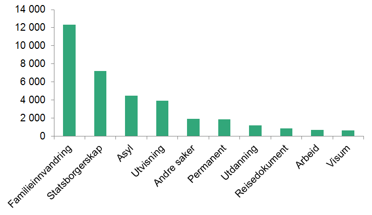 Figuren er et stolpediagram som viser ubehandlede saker per 31.12.2014. Sakene er rangert fra venstre mot høyre, i fallende rekkefølge, fra flest til færrest.   1. Familieinnvandring, 12 300 ubehandlede saker 2. Statsborgerskap, 7 200 ubehandlede saker 3. Asyl, 4 500 ubehandlede saker 4. Utvisning, 3 900 ubehandlede saker 5. Andre saker, 1 900 ubehandlede saker 6. Permanent opphold, 1 900 ubehandlede saker 7. Utdanning, 1 200 ubehandlede saker 8. Reisedokumenter, 830 ubehandlede saker 9. Arbeid, 690 ubehandlede saker 10. Visum, 660 ubehandlede saker