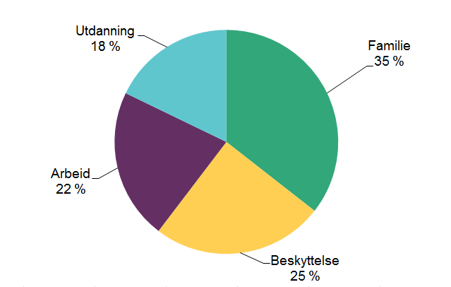 Kakediagram som viser fordelingen mellom innvilgede oppholdstillatelser: Utdanning 18%, familie 35 %, beskyttelse 25 %, arbeid 22 %